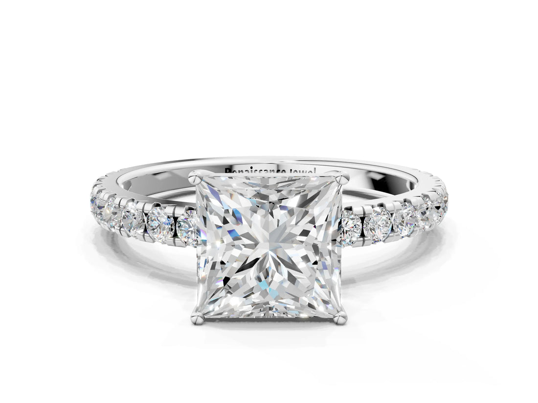 White gold Princess Cut Diamond Pavé Solitaire Engagement Ring with Four-Prong Setting_89
