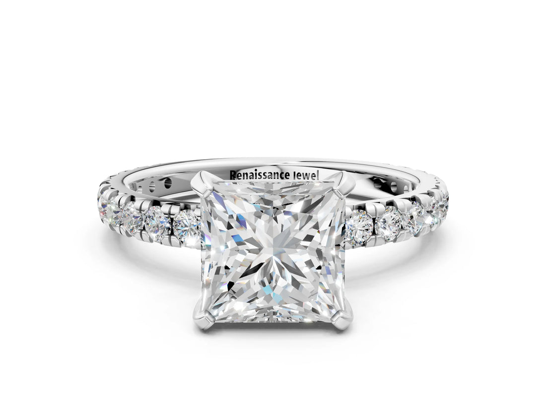 White gold Princess Cut Diamond Pavé Solitaire Ring with Round Band and Prong Setting_16