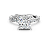 Silver 0.56 Carat E VVS2 Princess Diamond Pave Band Solitaire Ring with Round and Prong Setting