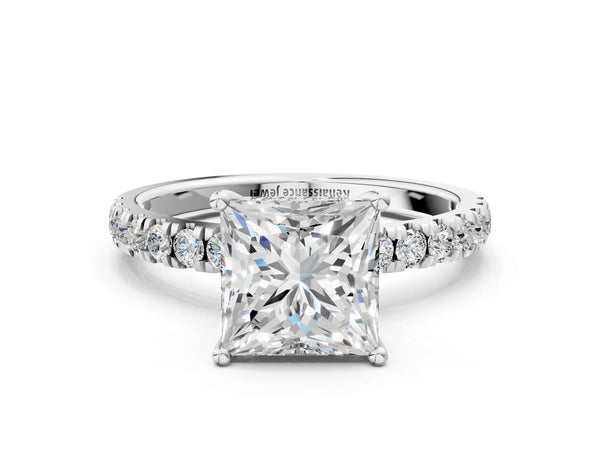 Silver Diamond Pave Band Solitaire Ring with Round and Prong Setting