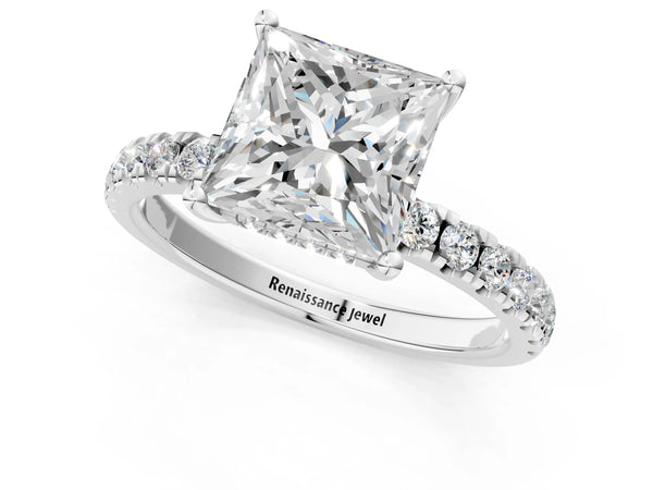 Silver Diamond Pave Band Solitaire Ring with Round and Prong Setting