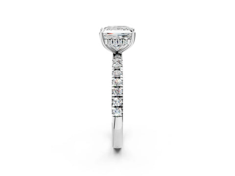 Silver 0.56 Carat E VVS2 Princess Diamond Pave Band Solitaire Ring with Round  and Prong Setting