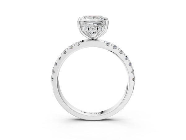 Silver Diamond Pave Band Solitaire Ring with Round and Prong Setting