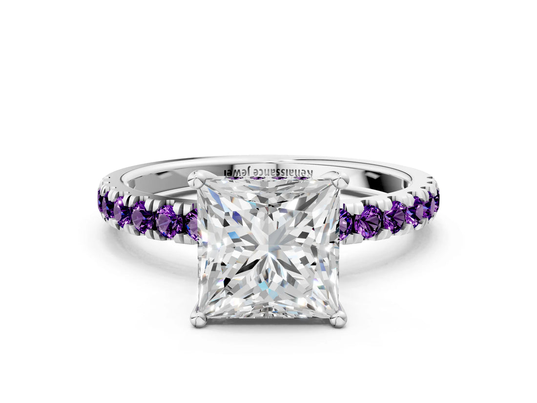 White gold Princess Cut Diamond Pave Band Solitaire Ring with Round with Amethyst side stone and Prong Setting_12