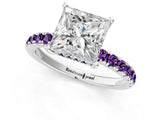 White gold Princess Cut Diamond Pave Band Solitaire Ring with Round with Amethyst side stone and Prong Setting_13