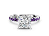 White gold Princess Cut Diamond Pave Band Solitaire Ring with Round with Amethyst side stone and Prong Setting_24