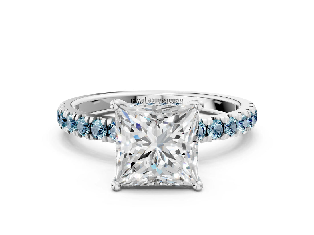 White gold Princess Cut Diamond Pave Band Solitaire Ring with Round with Aquamarine side stone and Prong Setting