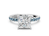 White gold Princess Cut Diamond Pave Band Solitaire Ring with Round with Aquamarine side stone and Prong Setting_12
