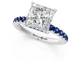 White gold Princess Cut Diamond Pave Band Solitaire Ring with Round with Blue Sapphire side stone and Prong Setting_1