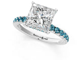 White gold Princess Cut Diamond Pave Band Solitaire Ring with Round with Blue Topaz side stone and Prong Setting_1