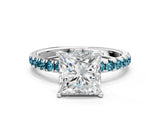 White gold Princess Cut Diamond Pave Band Solitaire Ring with Round with Blue Topaz side stone and Prong Setting_12