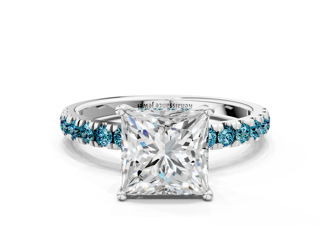White gold Princess Cut Diamond Pave Band Solitaire Ring with Round with Blue Topaz side stone and Prong Setting