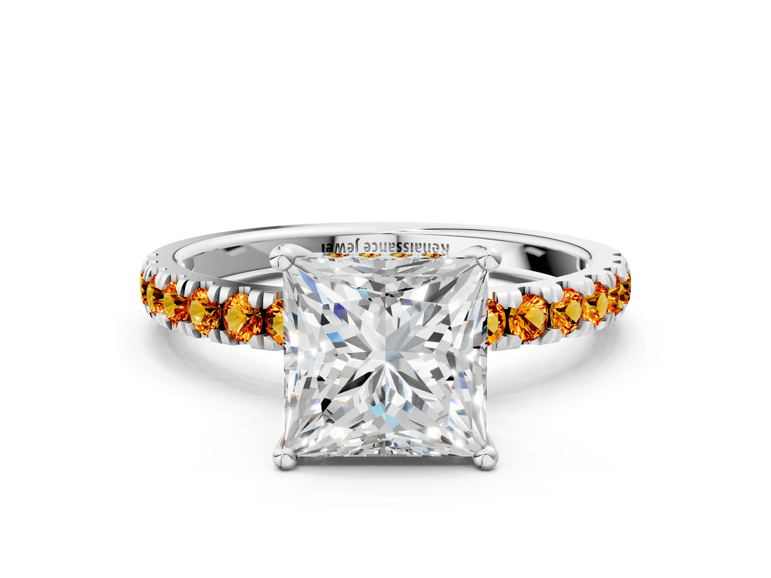 White gold Princess Cut Diamond Pave Band Solitaire Ring with Round with Citrine side stone and Prong Setting
