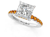 White gold Princess Cut Diamond Pave Band Solitaire Ring with Round with Citrine side stone and Prong Setting_1