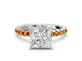 White gold Princess Cut Diamond Pave Band Solitaire Ring with Round with Citrine side stone and Prong Setting