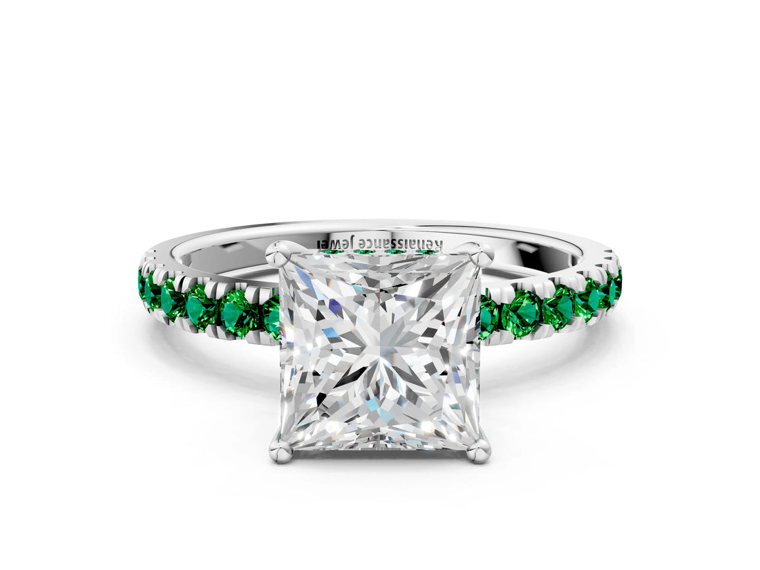 White gold Princess Cut Diamond Pave Band Solitaire Ring with Round with Emerald side stone and Prong Setting