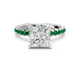 White gold Princess Cut Diamond Pave Band Solitaire Ring with Round with Emerald side stone and Prong Setting