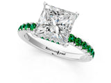 White gold Princess Cut Diamond Pave Band Solitaire Ring with Round with Emerald side stone and Prong Setting_1