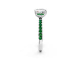 White gold Princess Cut Diamond Pave Band Solitaire Ring with Round with Emerald side stone and Prong Setting_2