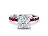 White gold Princess Cut Diamond Pave Band Solitaire Ring with Round with Garnet side stone and Prong Setting