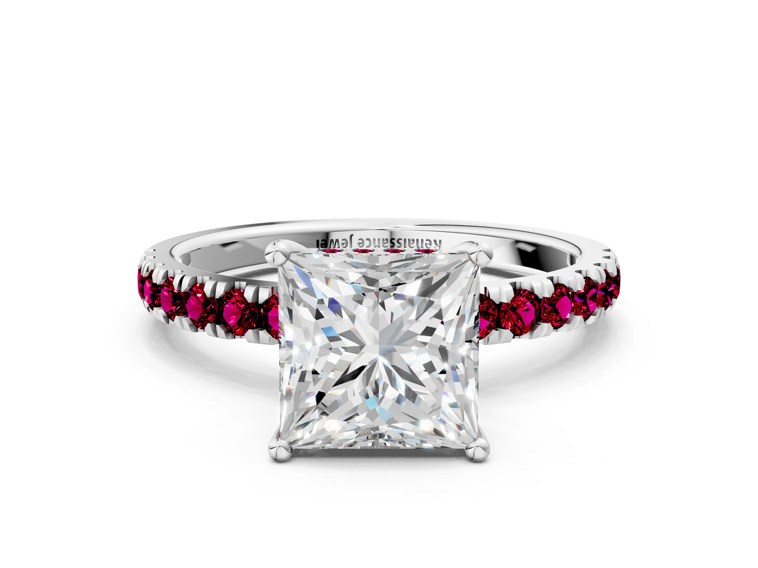 White gold Princess Cut Diamond Pave Band Solitaire Ring with Round with Garnet side stone and Prong Setting_12