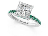 White gold Princess Cut Diamond Pave Band Solitaire Ring with Round with Green Sapphire side stone and Prong Setting_49