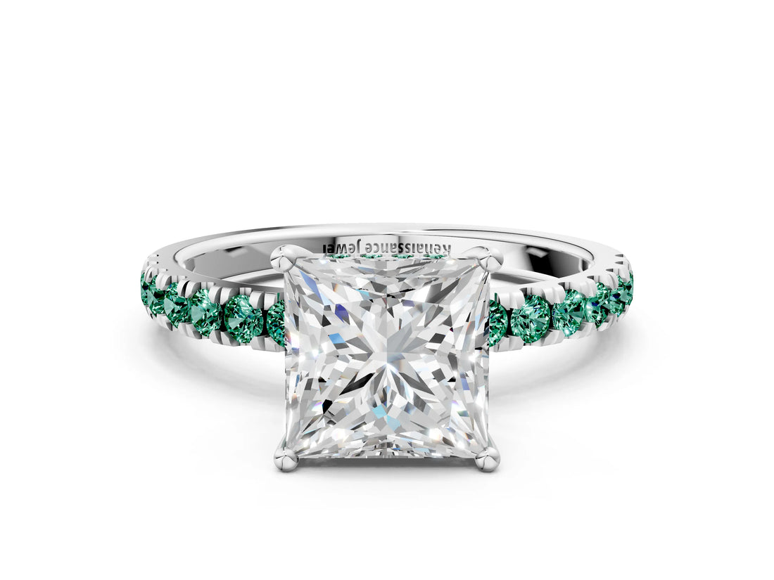 White gold Princess Cut Diamond Pave Band Solitaire Ring with Round with Green Sapphire side stone and Prong Setting_60