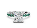 White gold Princess Cut Diamond Pave Band Solitaire Ring with Round with Green Sapphire side stone and Prong Setting_60