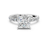 White gold Princess Cut Diamond Pave Band Solitaire Ring with Round with Moissanite side stone and Prong Setting_12
