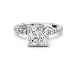White gold Princess Cut Diamond Pave Band Solitaire Ring with Round with Moissanite side stone and Prong Setting_12