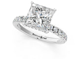 White gold Princess Cut Diamond Pave Band Solitaire Ring with Round with Moissanite side stone and Prong Setting_13
