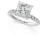 White gold Princess Cut Diamond Pave Band Solitaire Ring with Round with Moissanite side stone and Prong Setting_13