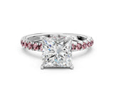 White gold Princess Cut Diamond Pave Band Solitaire Ring with Round with Morganite side stone and Prong Setting