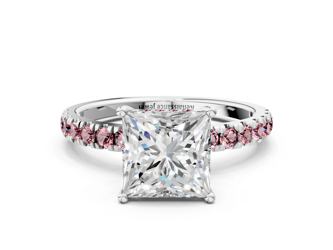 White gold Princess Cut Diamond Pave Band Solitaire Ring with Round with Morganite side stone and Prong Setting