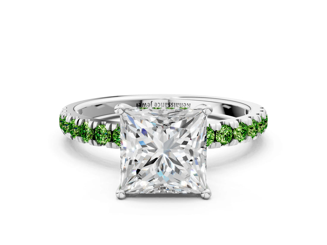 White gold Princess Cut Diamond Pave Band Solitaire Ring with Round with Peridot side stone and Prong Setting_24