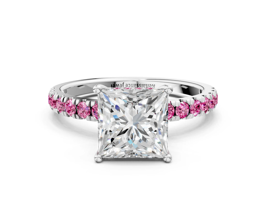 White gold Princess Cut Diamond Pave Band Solitaire Ring with Round with Pink Sapphire side stone and Prong Setting_12