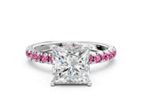 White gold Princess Cut Diamond Pave Band Solitaire Ring with Round with Pink Sapphire side stone and Prong Setting_12