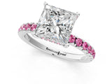 White gold Princess Cut Diamond Pave Band Solitaire Ring with Round with Pink Sapphire side stone and Prong Setting_25