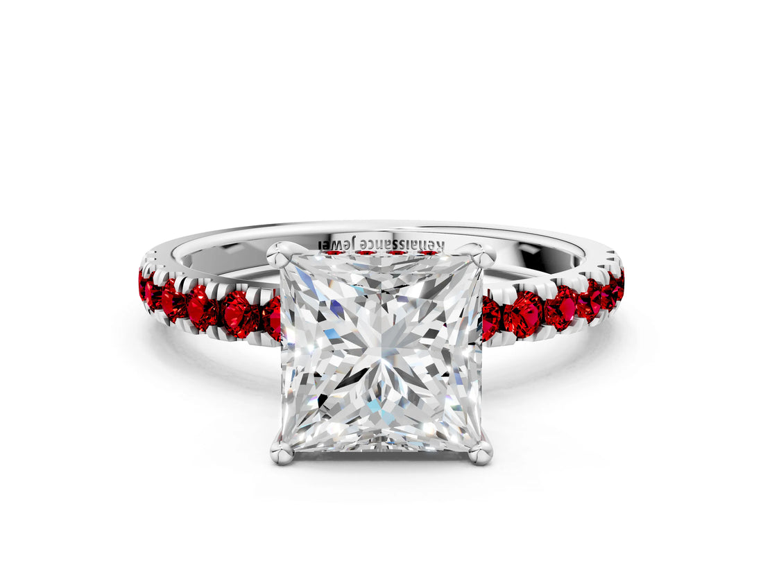 White gold Princess Cut Diamond Pave Band Solitaire Ring with Round with Ruby side stone and Prong Setting
