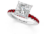 White gold Princess Cut Diamond Pave Band Solitaire Ring with Round with Ruby side stone and Prong Setting_13