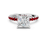 White gold Princess Cut Diamond Pave Band Solitaire Ring with Round with Ruby side stone and Prong Setting