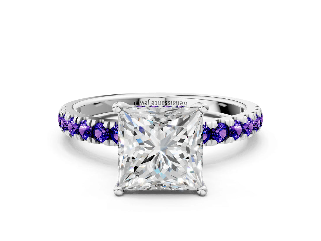 White gold Princess Cut Diamond Pave Band Solitaire Ring with Round with Tanzanite side stone and Prong Setting