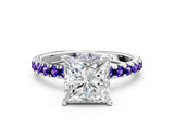 White gold Princess Cut Diamond Pave Band Solitaire Ring with Round with Tanzanite side stone and Prong Setting