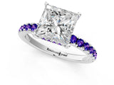 White gold Princess Cut Diamond Pave Band Solitaire Ring with Round with Tanzanite side stone and Prong Setting_1