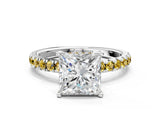 White gold Princess Cut Diamond Pave Band Solitaire Ring with Round with Yellow Sapphire side stone and Prong Setting_12