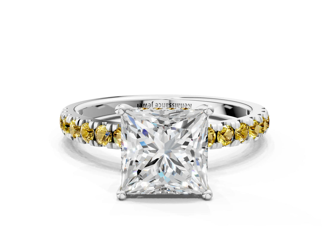 White gold Princess Cut Diamond Pave Band Solitaire Ring with Round with Yellow Sapphire side stone and Prong Setting_12