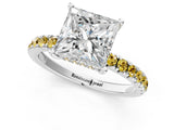 White gold Princess Cut Diamond Pave Band Solitaire Ring with Round with Yellow Sapphire side stone and Prong Setting_13