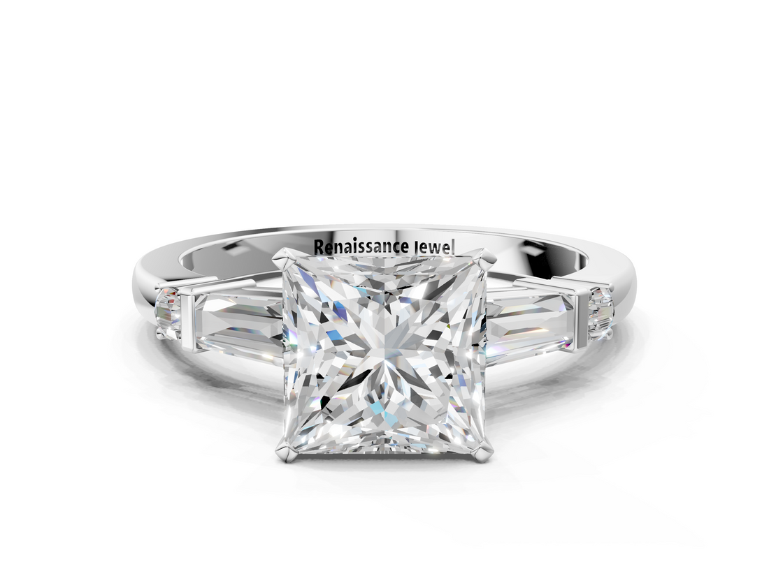 White gold Princess Cut Diamond Ring with Baguette Side Stones, Channel Set Band, and Four-Prong Setting_24