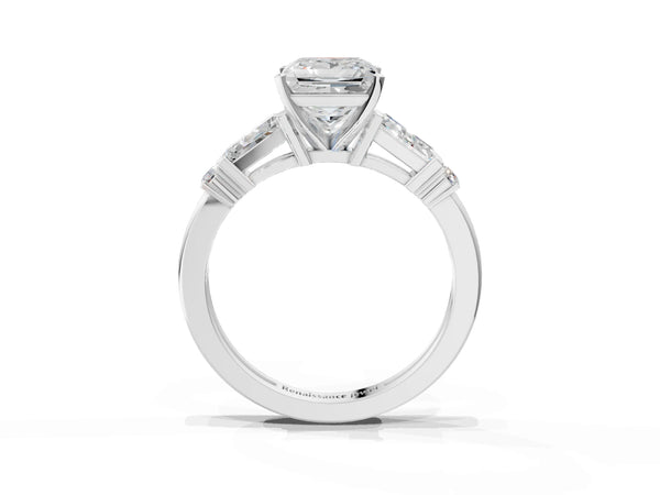 White Gold Princess Cut Three Stone Engagement Ring Setting with Bar Set Tapered Baguettes