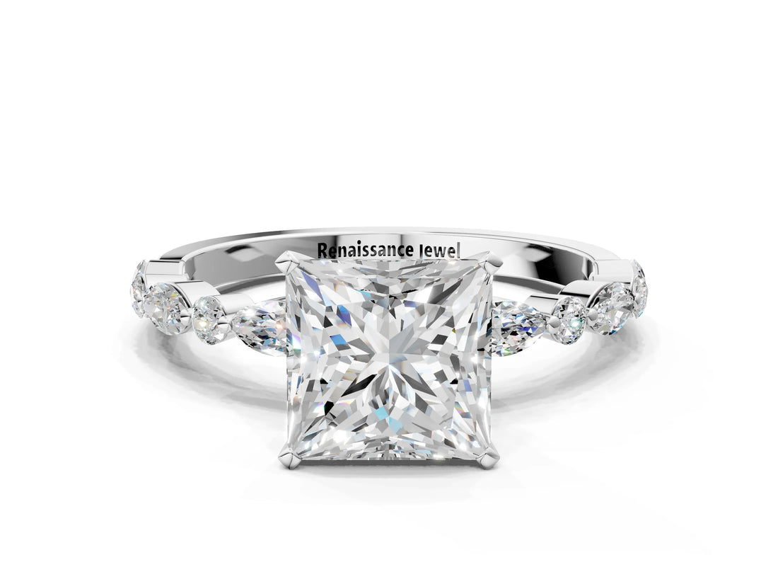 White gold Princess Cut Diamond Ring with Marquise and Round  Side Stones and Four-Prong Setting_104